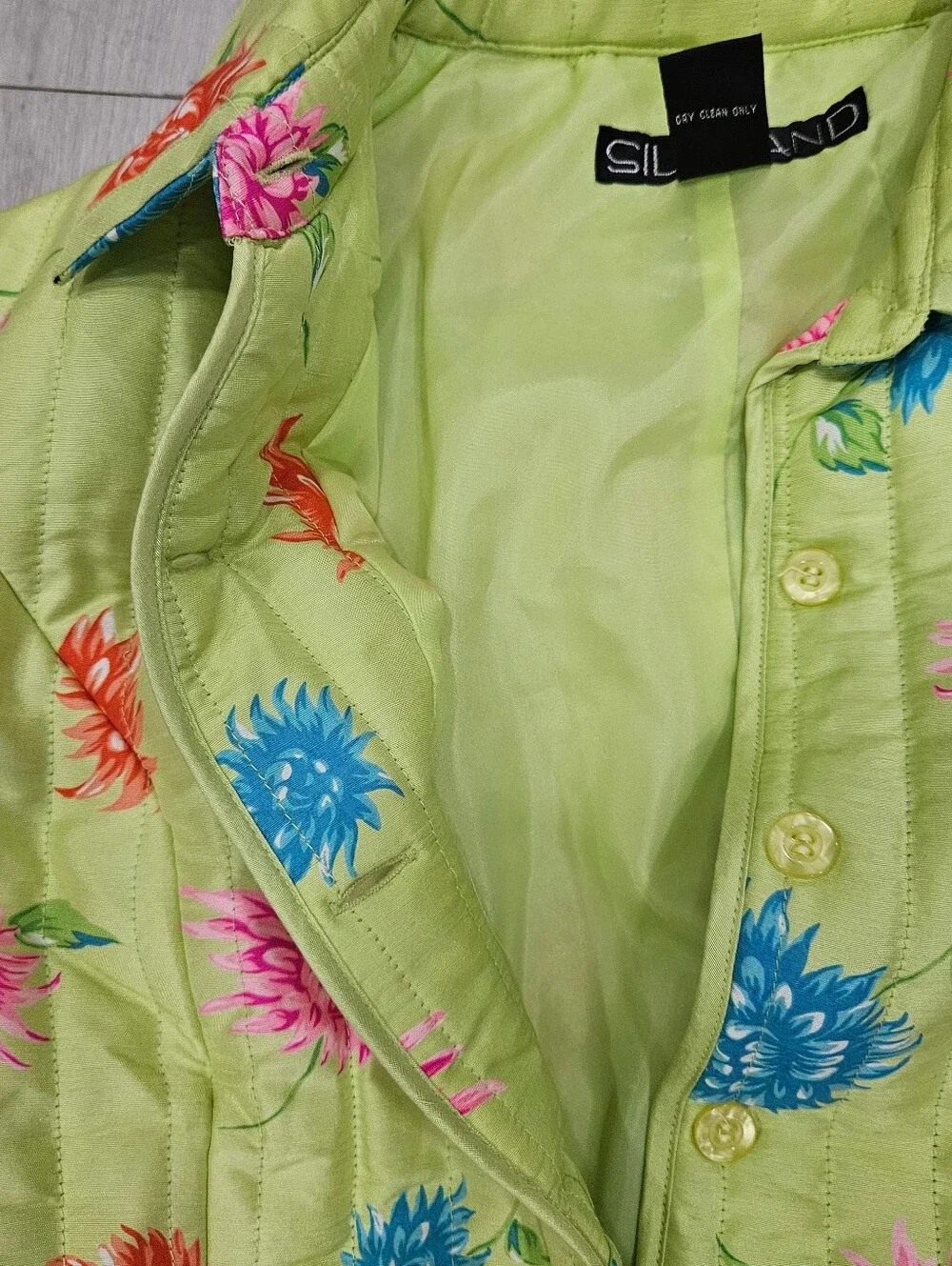 VTG Silkland 100% Silk Lime Green Floral Quilted Jacket Blazer Sz M Blue Pink